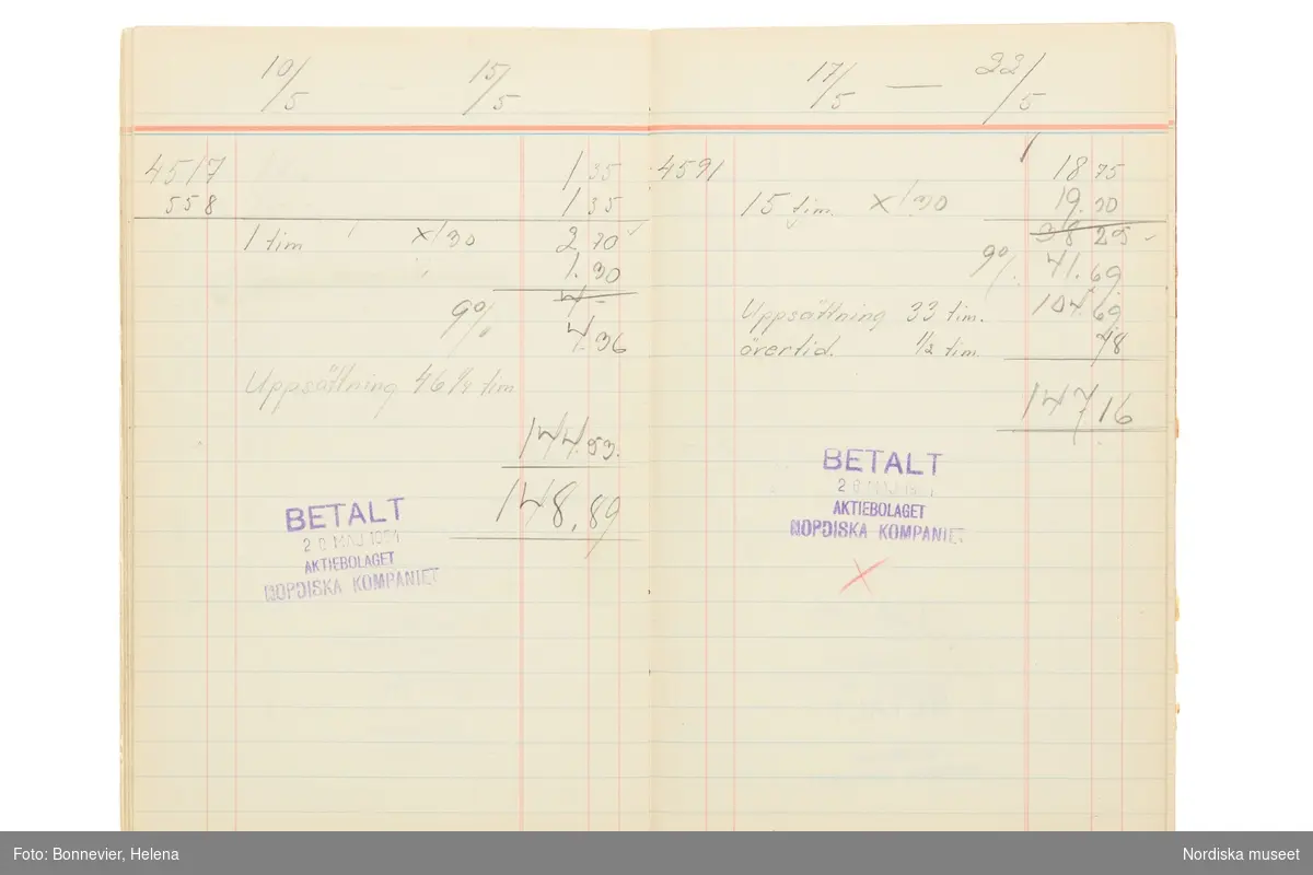 Avlöningsbok (tidbok) som sträcker sig från 1951 till 1955, har tillhört sömmerskan Maj-Britt Holmström på NK:s Franska damskrädderi.