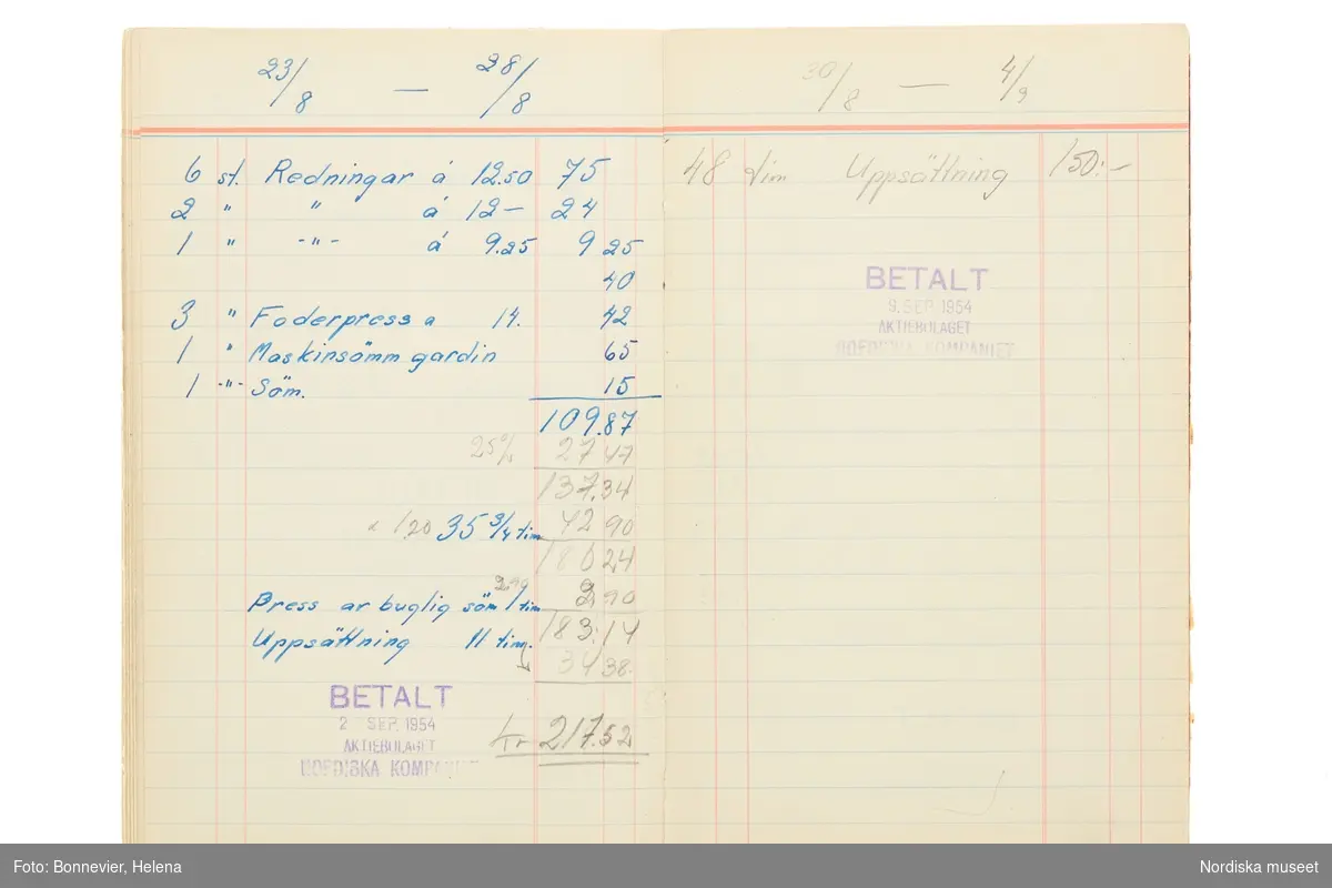 Avlöningsbok (tidbok) som sträcker sig från 1951 till 1955, har tillhört sömmerskan Maj-Britt Holmström på NK:s Franska damskrädderi.