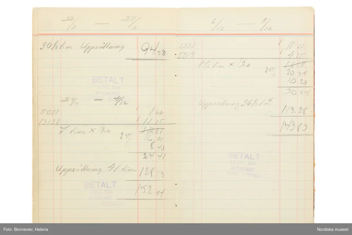 Avlöningsbok (tidbok) som sträcker sig från 1951 till 1955, har tillhört sömmerskan Maj-Britt Holmström på NK:s Franska damskrädderi.