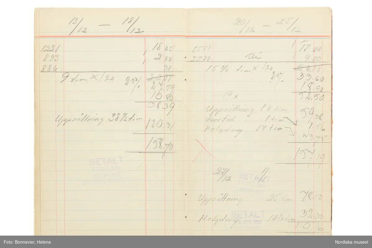 Avlöningsbok (tidbok) som sträcker sig från 1951 till 1955, har tillhört sömmerskan Maj-Britt Holmström på NK:s Franska damskrädderi.