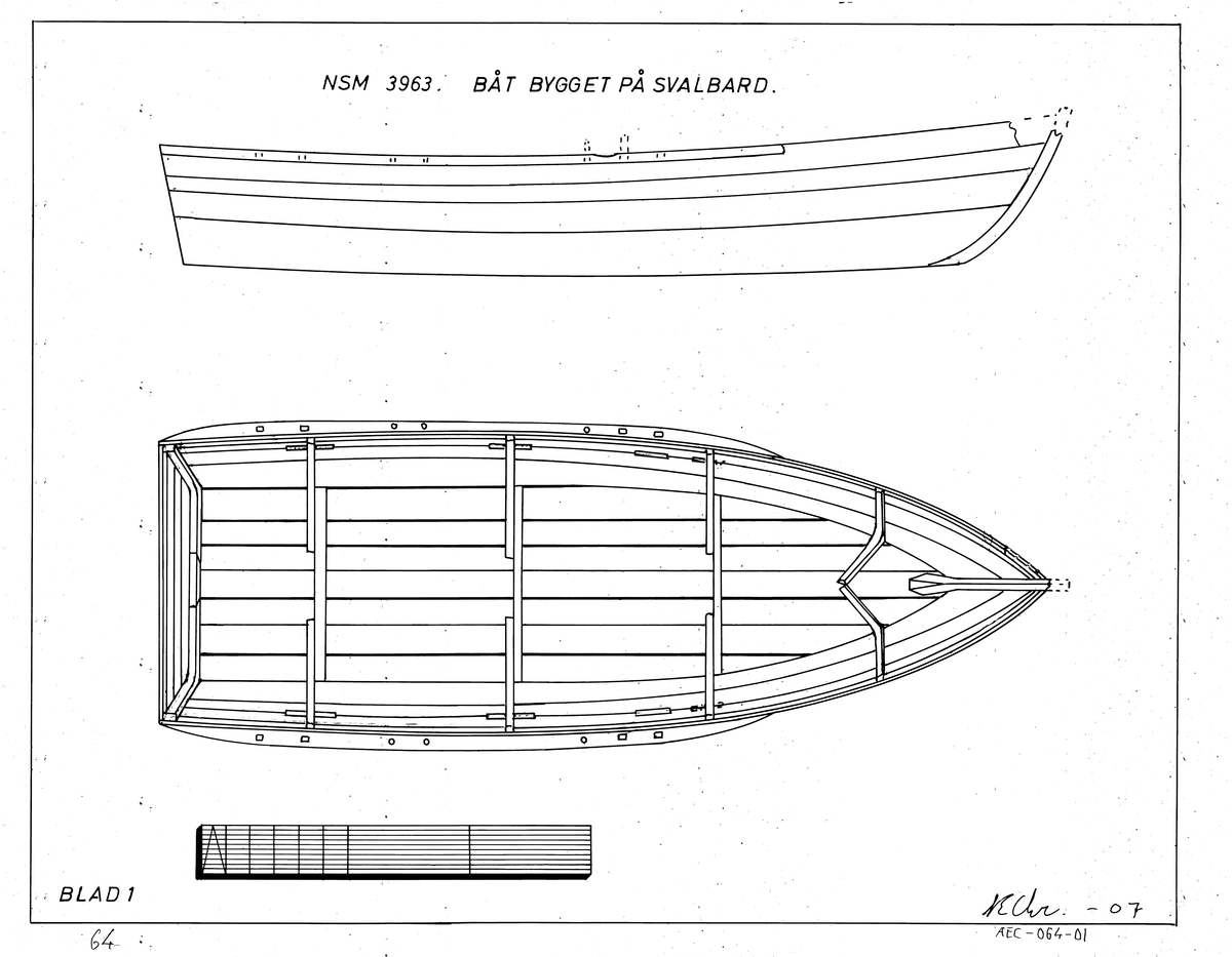 Flatbunnet jolle bygget på Svalbard, NSM 3963
Lengde: 3.75m