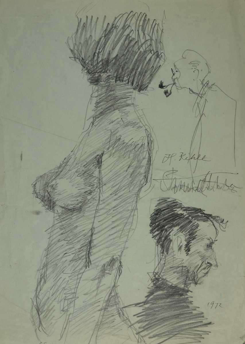 En kvinne i profil, to menn i profil