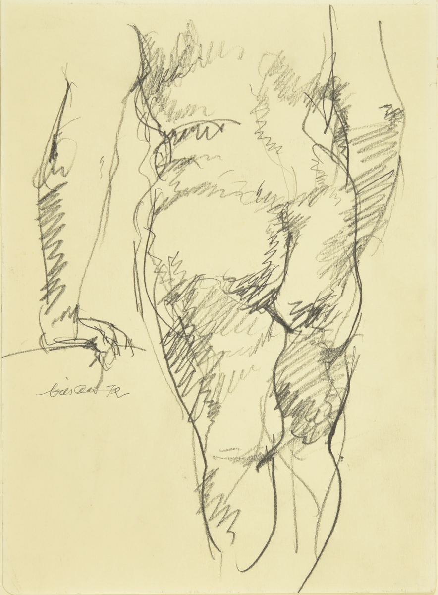 Akt, kvinne sett bakfra, blyant på papir, signert og datert med år.
