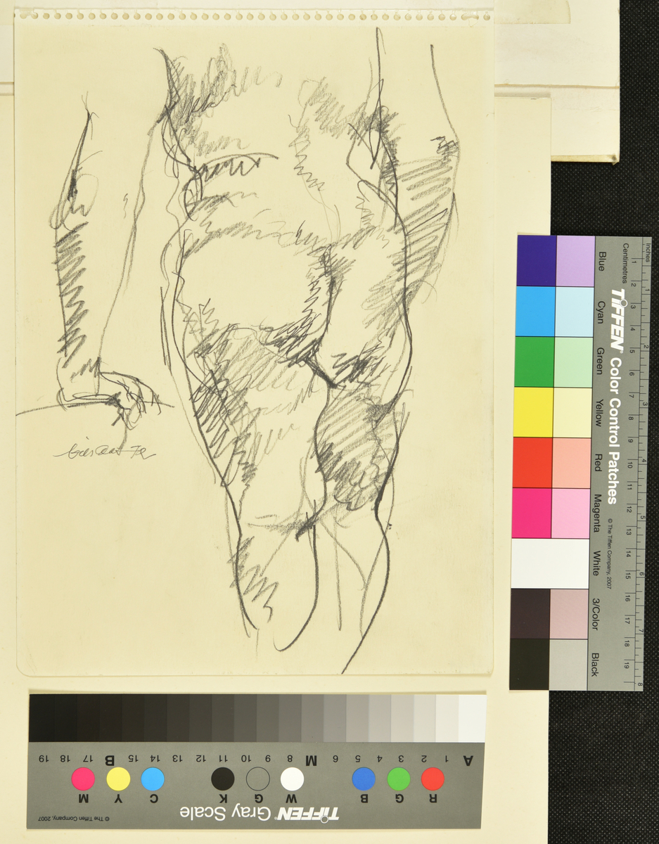 Akt, kvinne sett bakfra, blyant på papir, signert og datert med år.
