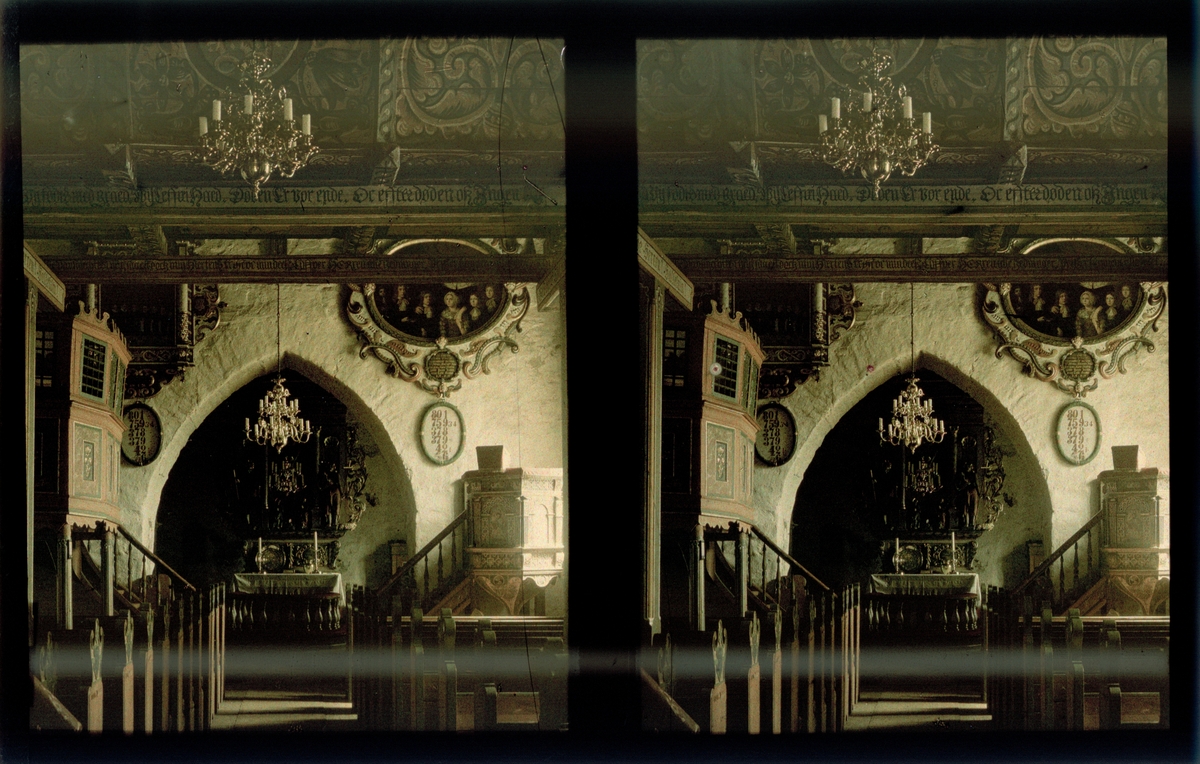 Skip, kor og alter, Dale Kirke. Gotisk middelalderkirke. Tilhører Arkitekt Hans Grendahls samling av stereobilder.