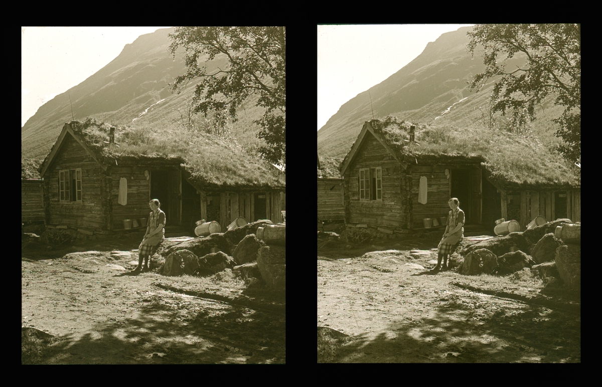 Budeie på seteren, Valldal. Tilhører Arkitekt Hans Grendahls samling av stereobilder.