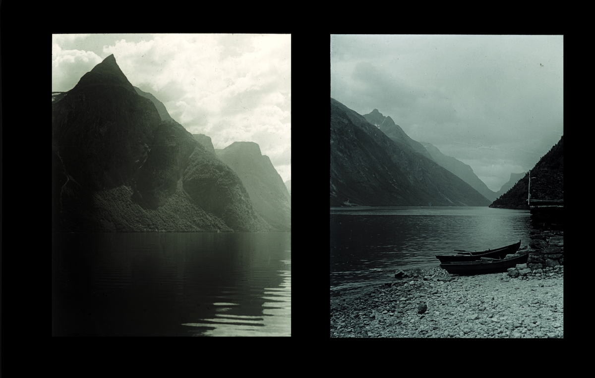 Landskap, innsjø og fjell. Trebåter i fjæra. To motiver på en glassplate.  Tilhører Arkitekt Hans Grendahls samling av stereobilder.