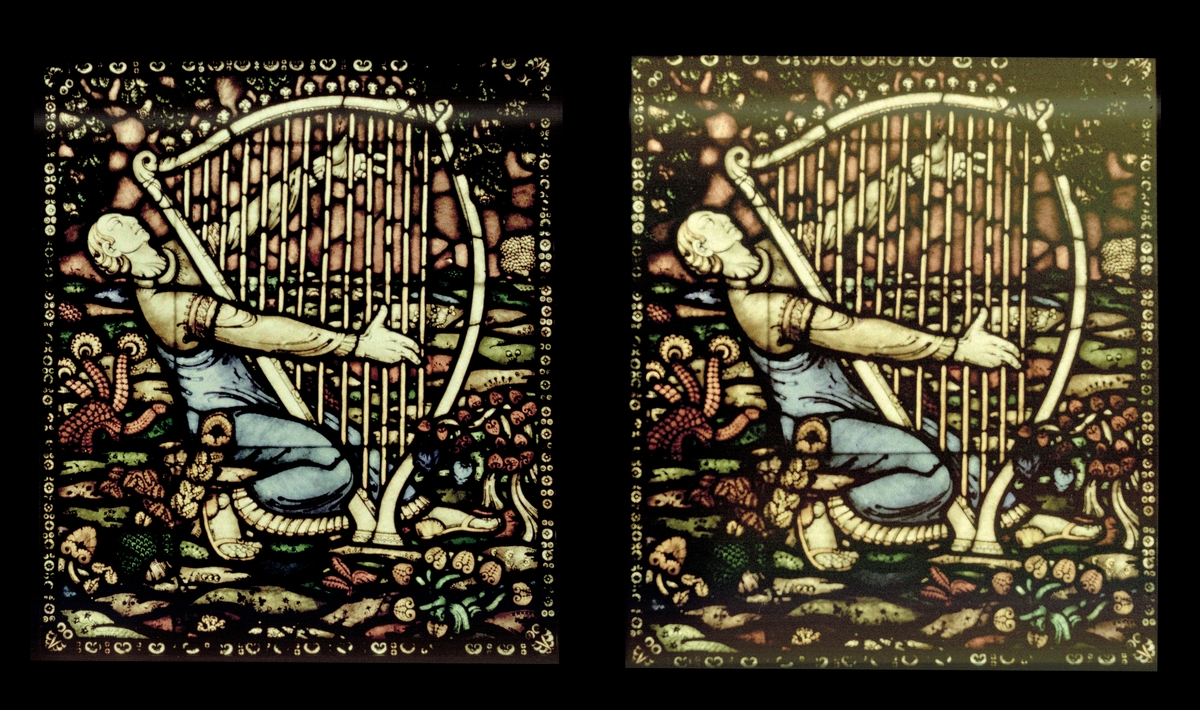 Detalj fra glassmaleriet "Musiken" av Emanuel Vigeland, NTH. Tilhører Arkitekt Hans Grendahls samling av stereobilder.