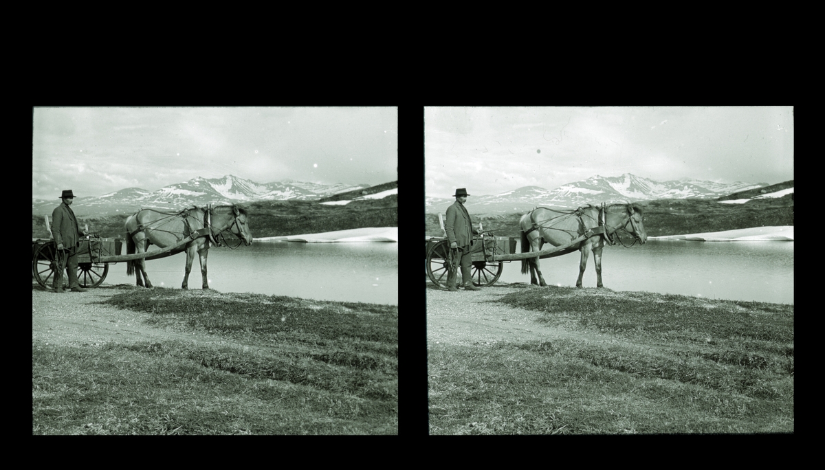 Mann med hest og kjerre, i fjellandskap. Tilhører Arkitekt Hans Grendahls samling av stereobilder.
