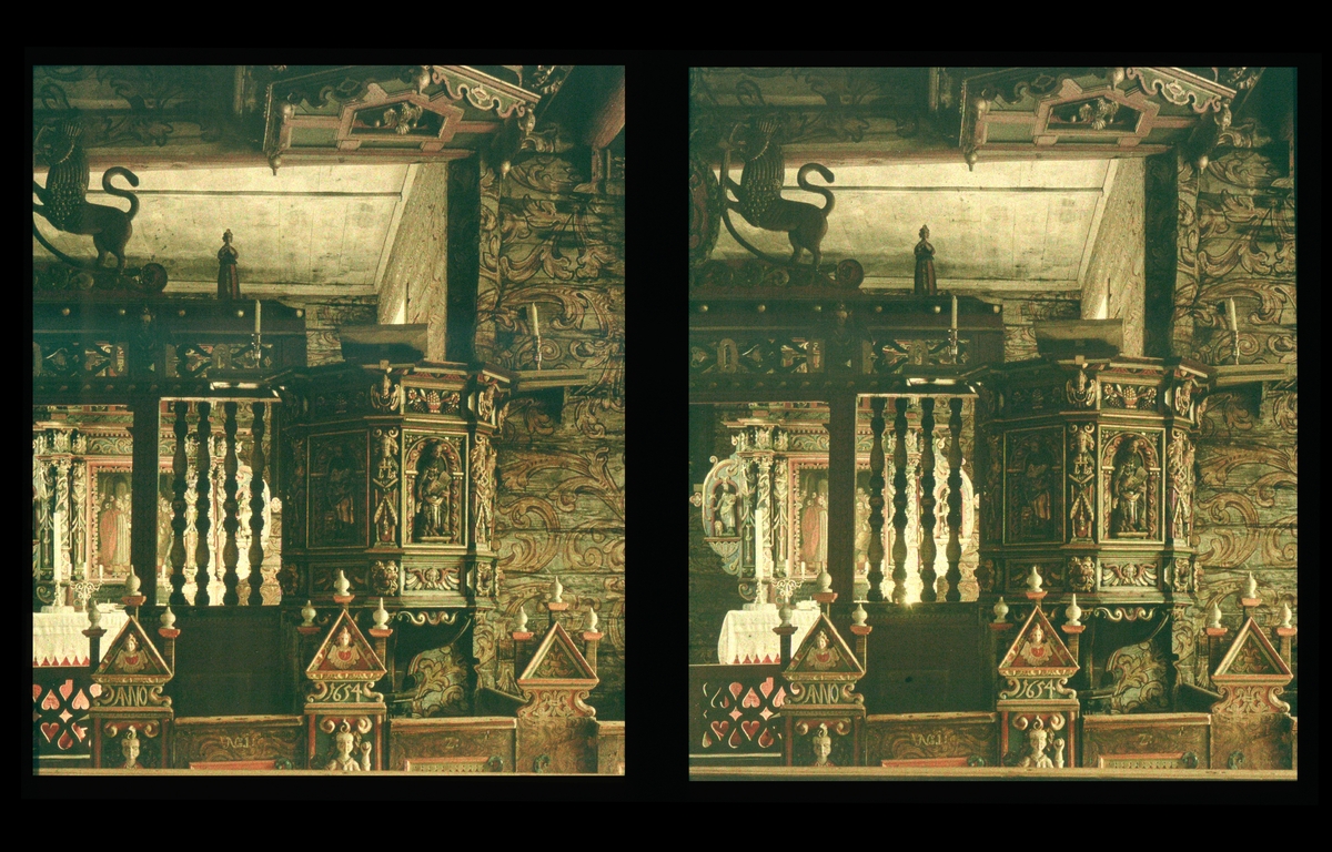 Interiør, Kvikne kirke. Korskille og prekestol. Rikt dekorert med ornamenter. Tilhører Arkitekt Hans Grendahls samling av stereobilder.