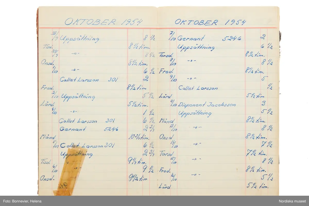 Tidbok som sträcker sig från 1954 till 1958, har tillhört sömmerskan Maj-Britt Holmström på NK:s Franska damskrädderi.  Här kan  utläsas kundernas namn, arbetstimmar samt materialangivelser.