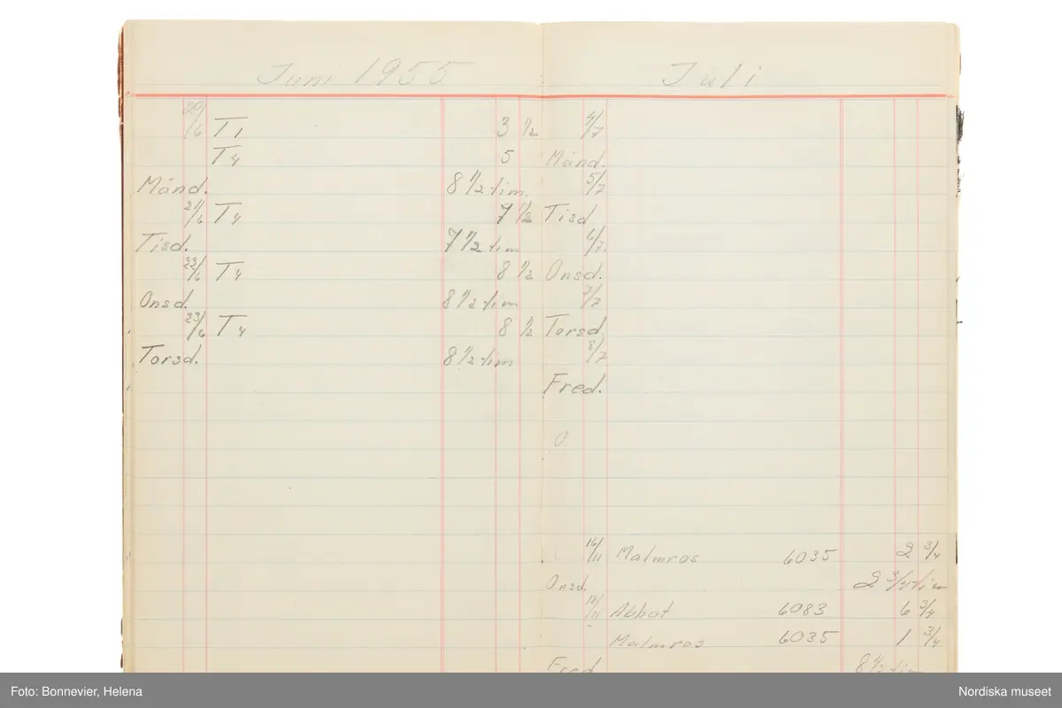 Tidbok som sträcker sig från 1954 till 1958, har tillhört sömmerskan Maj-Britt Holmström på NK:s Franska damskrädderi.  Här kan  utläsas kundernas namn, arbetstimmar samt materialangivelser.