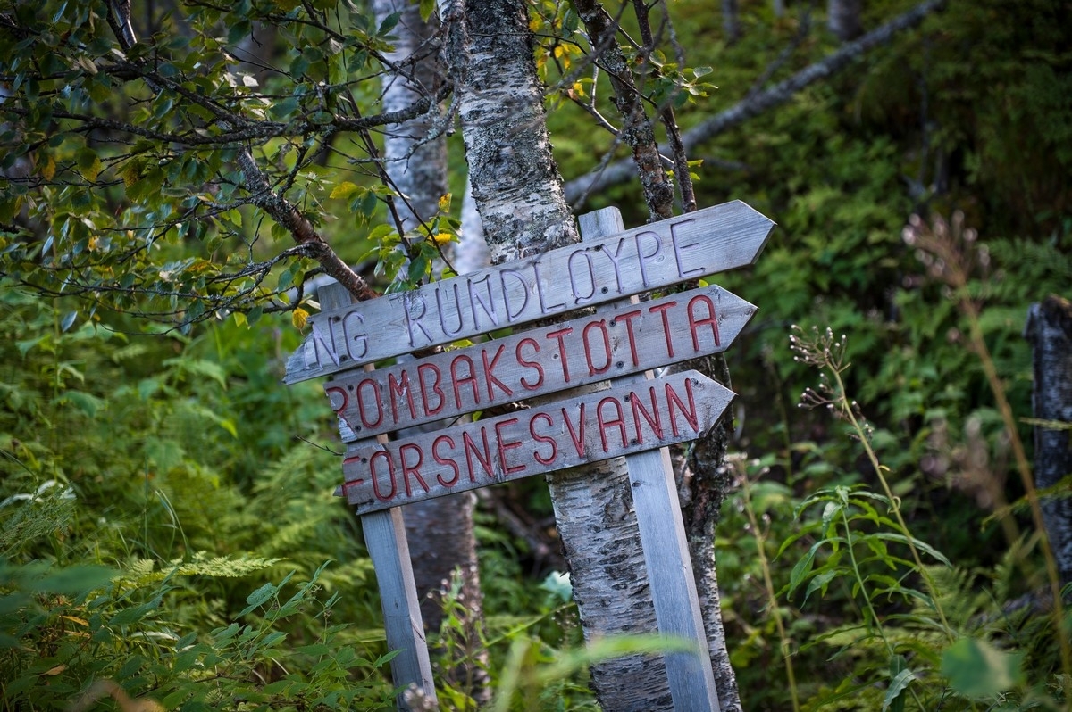 Skilt som viser vei til bl.a. Rombakstøtta. Skilt på krysset mellom opp til Isvann og tøtta. Bildereportasje fra Tøttadalen, Førstevann, Pumpvann og FUNN-hytta. Artikkel i Fremover lørdag 19. sept 2015.Foto 10. sept 2015