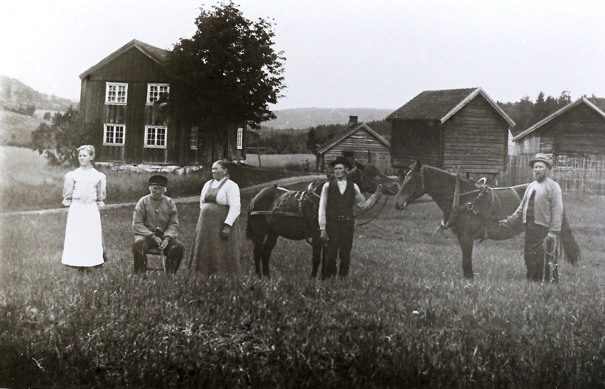 Våningshus, bryggerhus, stabbur og låve.
Fra v: pleiedatter Jenny Mathilde (g Saga) (1891-1974) på hennes konfirmasjonsdag, Knut Halvorsen Dahle ca 96 år gammel (onkel av Mathea han var vekter på Kongsberg). Anna Mathea Wærket (1847-1915) f.Tveiten, pleiesønnen Johan Daniel Kongsgård (1881-1957) og husbonden Torstein (tossen) Johannesen Wærket (1847-1921) Han skrev og diktet og ble kalt "bygdeskallen".