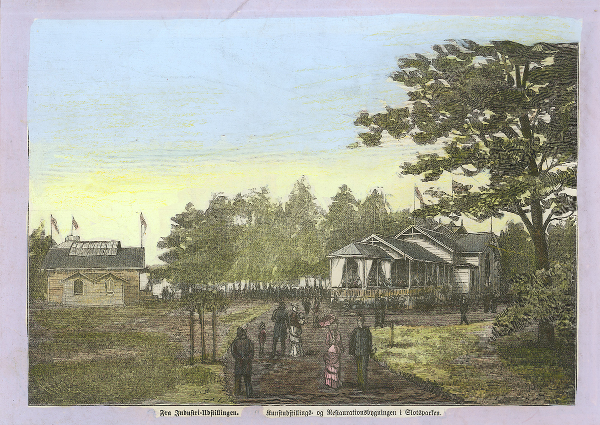 utstilling, paviljong, tilskuere, park, restaurant, trær, bygninger