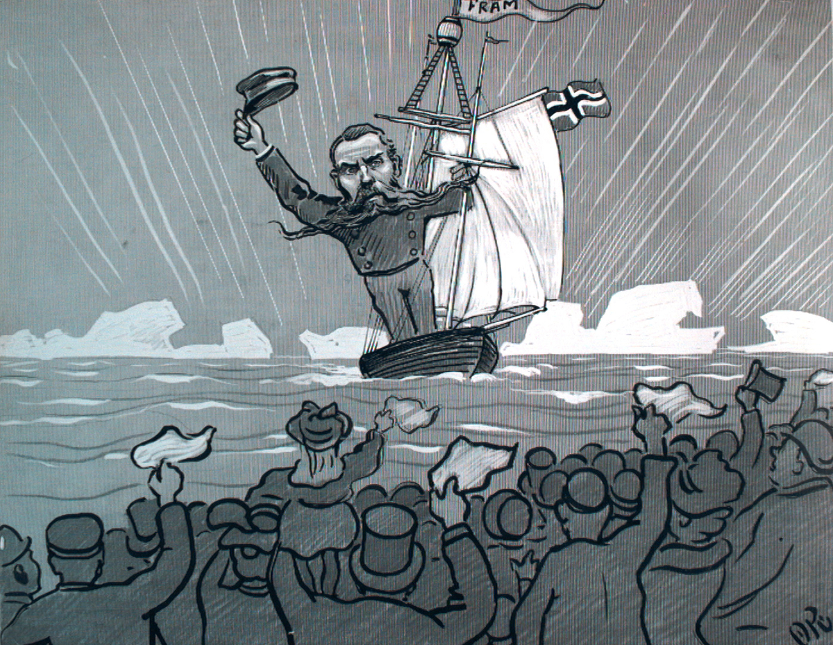 karikatur, skip, mann, polarforsker, menneskemengde, polarskipet FRAM