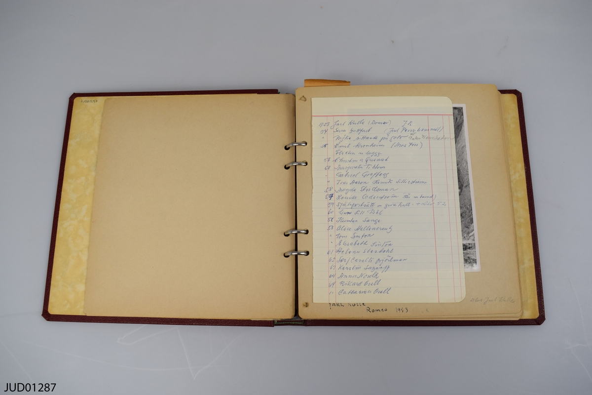 Rött album med monterade reprofotografier av Olga Raphaels konst.