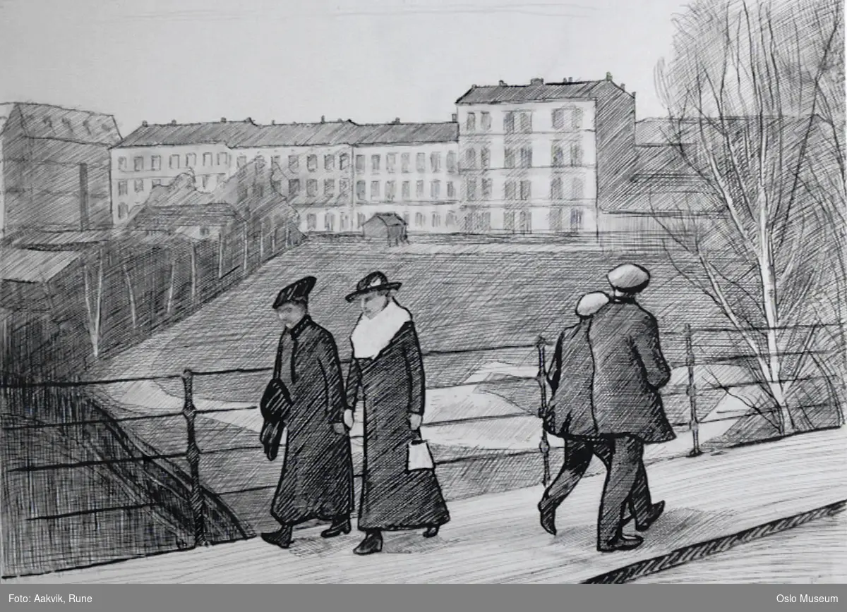 bru, elv, arkitektur, bygård, folkeliv, gelender, menn, kvinner, hodeplagg, utsikt, trær