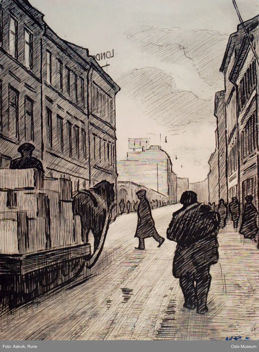 arkitektur, gateløp, trafikk, hest, slede, bygård, fasader, mennesker, arbeidere, reklame