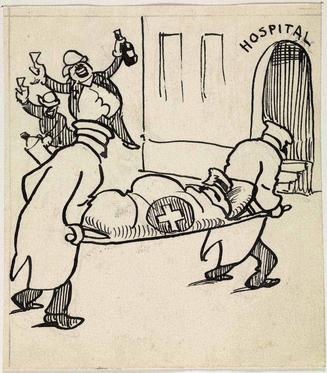 karikatur, toller, sykehus, fyllikker