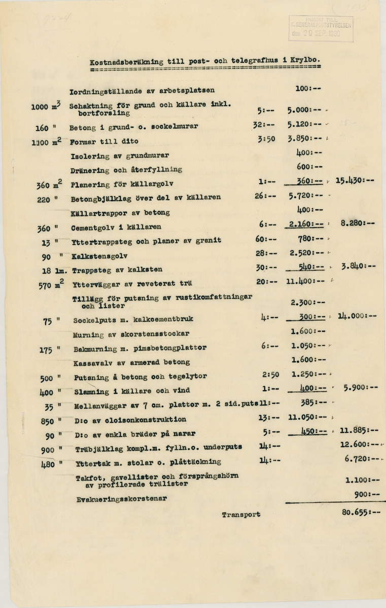 Krylbo, postanstalt.

Posthus och telegrafhus i Krylbo.
Med kostnadsberäkning.