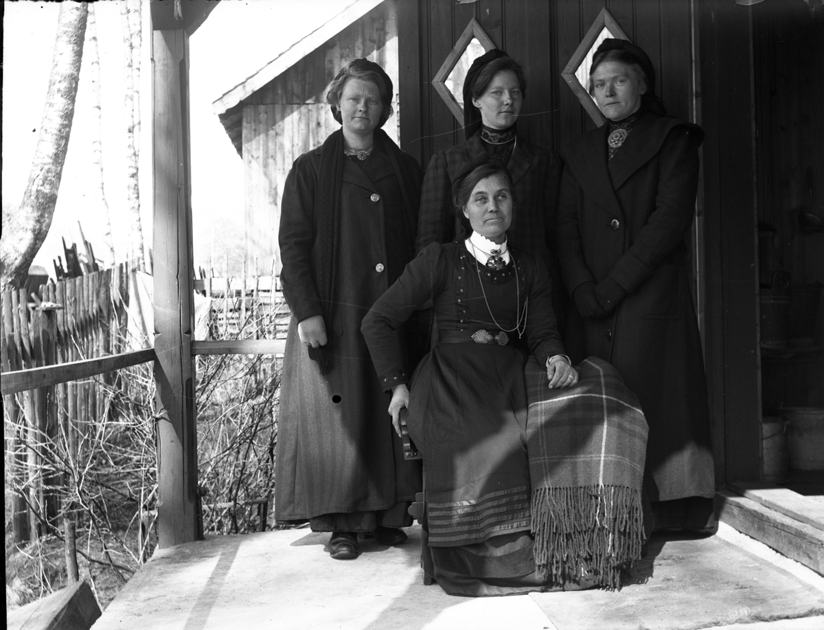 Fotosamling etter Kjetil Skomdal (1881-1971). Fotografen virket i perioden 1910 til 1960 og hadde eget mørkerom hvor han også tok imot film fra andre fotografer. I perioden var han også postbud i Fyresdal. Gruppeportrett av fire kvinner i folkedrakt fotografert på trapp.