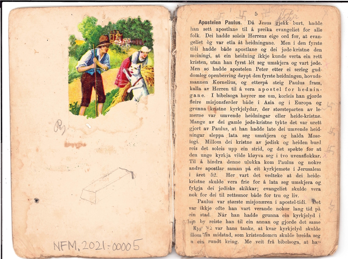 Bok. Stivt omslag, lyst. Grøn tekstil rygg. Trykk på utside.