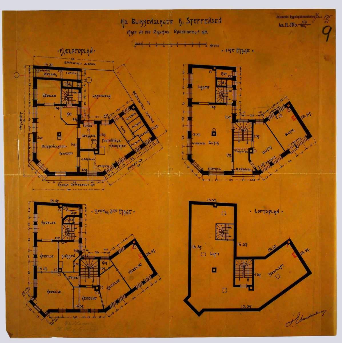 Hr. Blikkenslager K. Steffensen. Matr.No 144. Rasmus Rønnebergs.gd [Arbeidstegning]