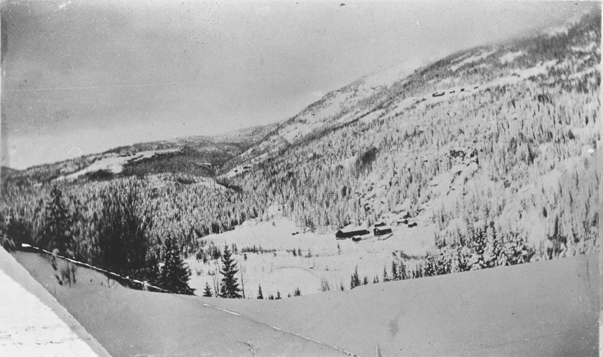 Vinterbilde fra Eggedal. Nederst i forgrunnen: Nerom. Oppe i bakkene: Jare, Skaregarden. Lengst nord: øvre Kleiv. Ukjent år og fotograf.