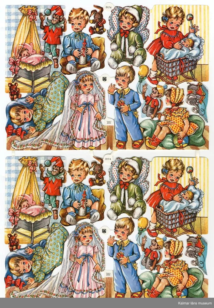 Ritade barn, baby i korg med gul sänghimmel, brudklädd flicka m.m. Åtta större motiv och tre mindre, två av varje.