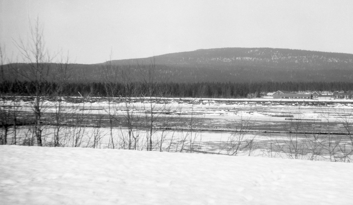 Fra isgangen i Glomma i 1928.  Fotografiet er antakelig tatt fra vestsida av elva litt sør for Rustad-gardene i nordre del av Elverum.  I forgrunnen ser vi en snødekt bakkekam, og langs elvebredden nedenfor vokser det øyensynlig en del lauvtrær. I elveleiet flyter det en del is, og på toppen av den sammenstuvete isen stikker det opp en del fløtingstømmer, som antakelig har fått en hardhendt behandling av naturkreftene.  På motsatt side av elva preges landskapet av skogkledde åser.  Nederst til høyre i bildet ses et gardstun, muligens eiendommen Indset, som også ligger i Elverum kommune.

Den 2. mai 1928, antakelig litt før dette fotografiet ble tatt, beskrev regionavisa «Østlændingen» situasjonen i denne delen av Elverum slik:

«Isgangens herjinger i Strandbygda
Det er et ganske eiendommelig billede Strandbygdas østside fra Langenga og opover til Svanåsen avgir i disse dager. Efter at den veldige isdam løsnet i forgårs er vannmassene som oversvømmet elvebreddene sunket, så Glåma går nu som i en bred renne med svære isgarer på begge sider. Veien på østsiden som går i slyninger langs elven, er på flere steder helt sperret av veldige isblokker som har tårnet sig sammen. Trær og busker langs elvebredden er revet overende og jorden rotet op. Veilegemet er blitt overskyllet og veidekket ødelagt på flere steder, så det vil koste meget arbeide å få isblokkene vekk og veien farbar igjen. Tømmer og is ligger stuvet om hverandre langs breddene og tildels innover jordene, telefonstolper er knekket over og lysledningsstolper er veltet, så store deler av Strandbygda nu ligger i mørke. 

Fra flere av de mest utsatte eiendommer måtte de flytte ut med innbo og kreaturer. Hos Ole Gundersen blev ene veggen i vedskålen trykket inn av svære isblokker som ligger der fremdeles. Et sted ser man en låve som er revet med flommen, et annet sted finner man overbygget til en brønn tatt med av isflakene. Verst har det gått ut over Inger Blaaruds eiendom. Her ligger isflakene over hele tunet like inn til stuedøren. Grunnmuren er undergravet og jordveien stygt medfaret. Det er på sin plass at der her på den ene eller annen måte blir gjort noe for den skadelidte, som sitter i små kår, kan få hjelp og erstatning.

Det vil i dag bli tatt fatt på å gjøre veien farbar og foreløpig utbedret. Det er fare for at isgangen flere steder hvor veien går like ved elven har gravet langs elvebredden og at nye utgravninger kan befryktes når vannflommen kommer for alvor.

Gamle folk i Strandbygda kan ikke huske at der noen gang har vært en slik isgang med derav følgende ødeleggelser. Storflom og oversvømmelser har nok forekommet, men ikke noen isgang av dimensjoner som den der nettop har hjemsøkt bygda.»
 
Isgang var ikke noe ukjent fenomen i Østerdalen, men etter at innsjøen Aursunden øverst i vassdraget ble regulert i 1924, med sikte på å samle vann som skulle komme kraftverksturbinene til gode i vintersesongen, ble isgangene et nesten årvisst problem for folk som bodde langs vassdraget. Etter at dette hadde pågått noen år saksøkte grunneiere i Rendalen og Stor-Elvdal staten ved Vassdragsveseet og Glomma fellesfløtingsforening, som hadde sprengt vekk mange av steinskjærene i elva - se fanen «Opplysninger».