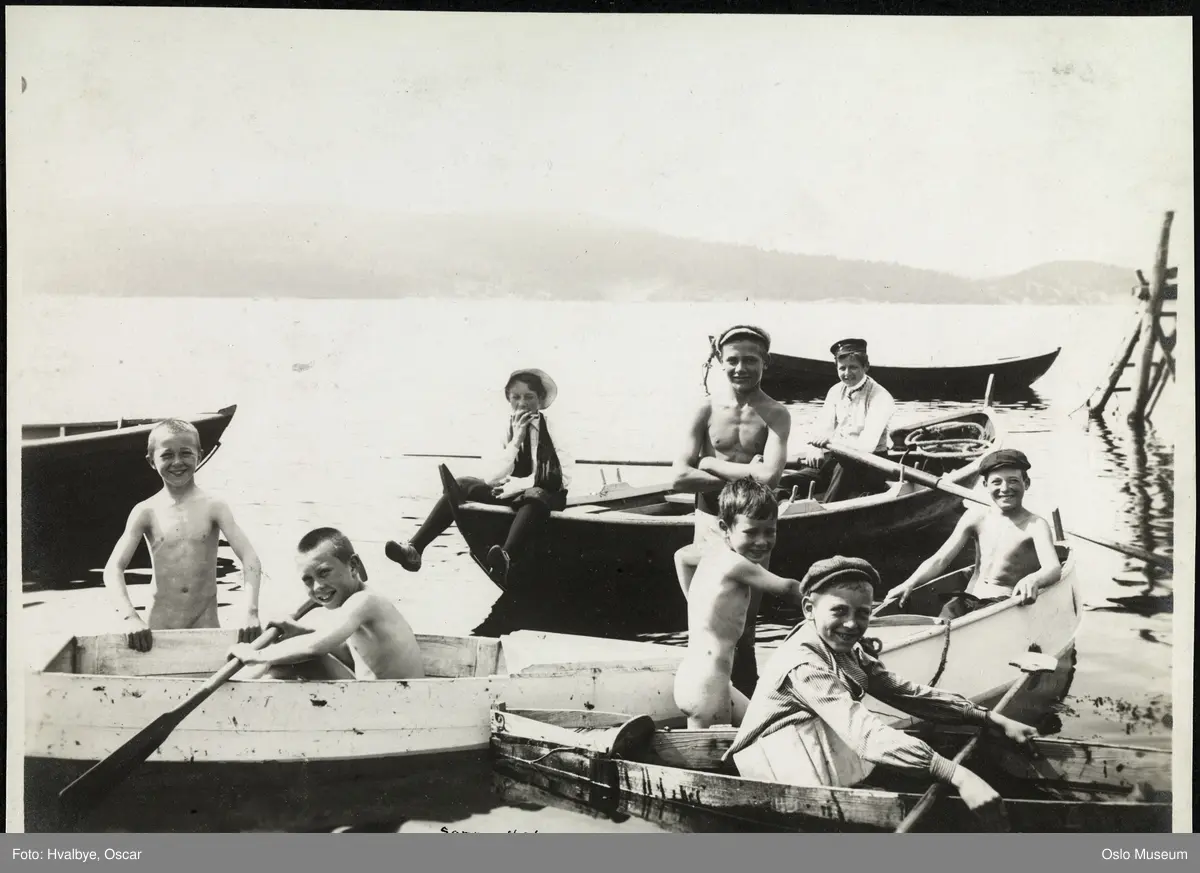 båter, kanoer, gutter, fjord