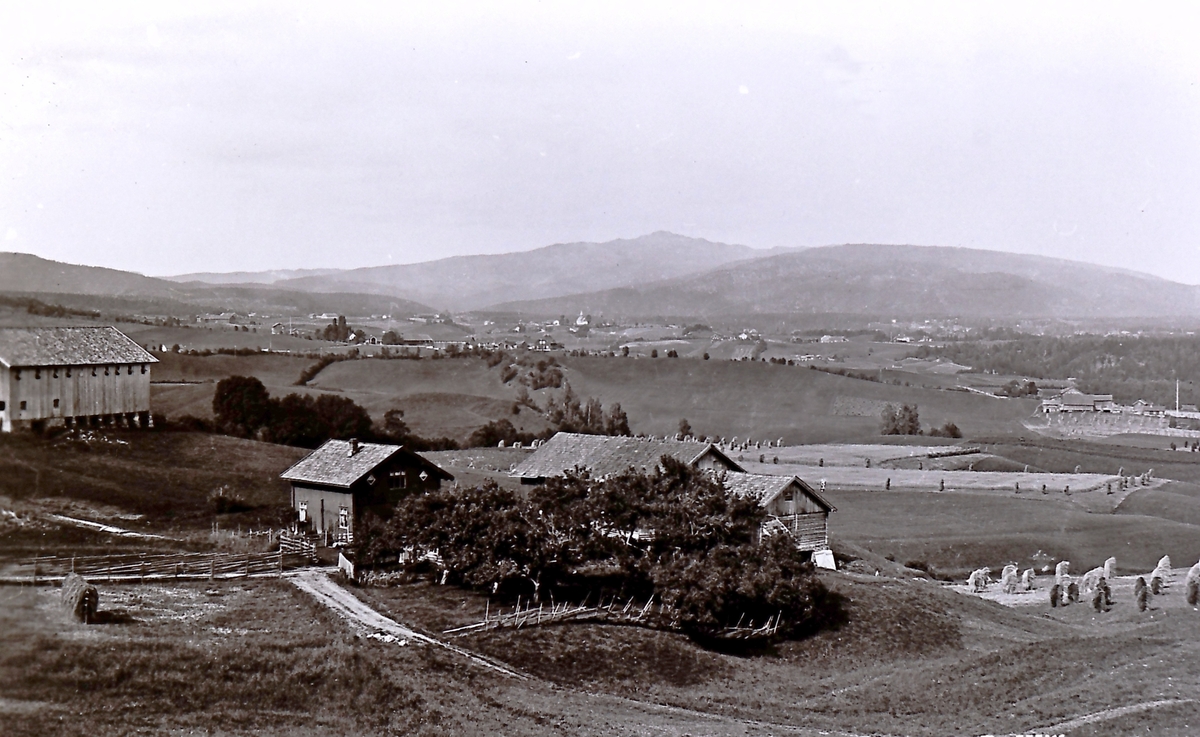 Utsikten fra Flogland gårdene i Hedenstad. Nedre Flogland i forgrunnen. Langst til venstre låven på Øvre Floglansd. Hedenstad Kirke og Jonsknuten i bakgrunnen.