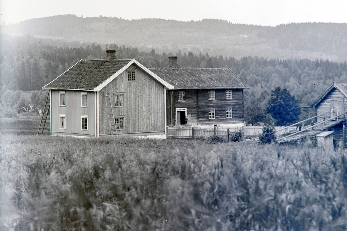 Ringsaker, Furnes, Jessnes, Søndre Jessnes gård, hovedbygning, driftsbygning, Furuberget i bakgrunnen,