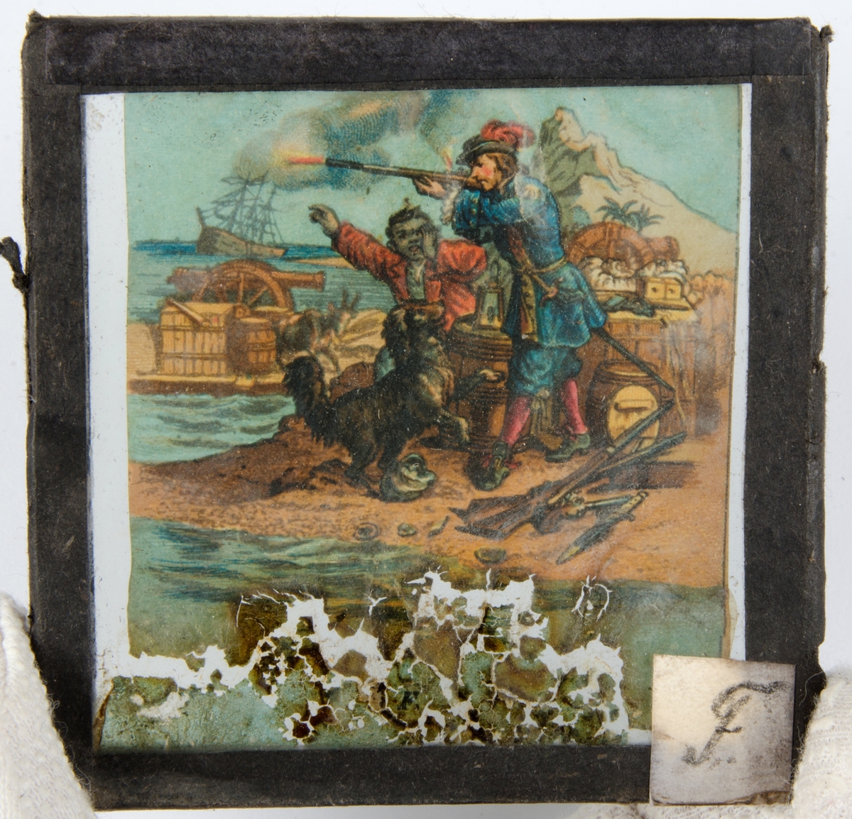 Tjugoåtta skioptikonbilder med motiv från bl.a. olika historiska händelser och sagor. Merparten i färg. Vissa skioptikonbilder, såsom avbildade personer, i sv/v. De flesta har en rosa, gul eller svart tejp som håller ihop de två glasplåtar i vilka motivet är fastsatt i. Vissa av bilderna är numrerade eller märkta med en bokstav.