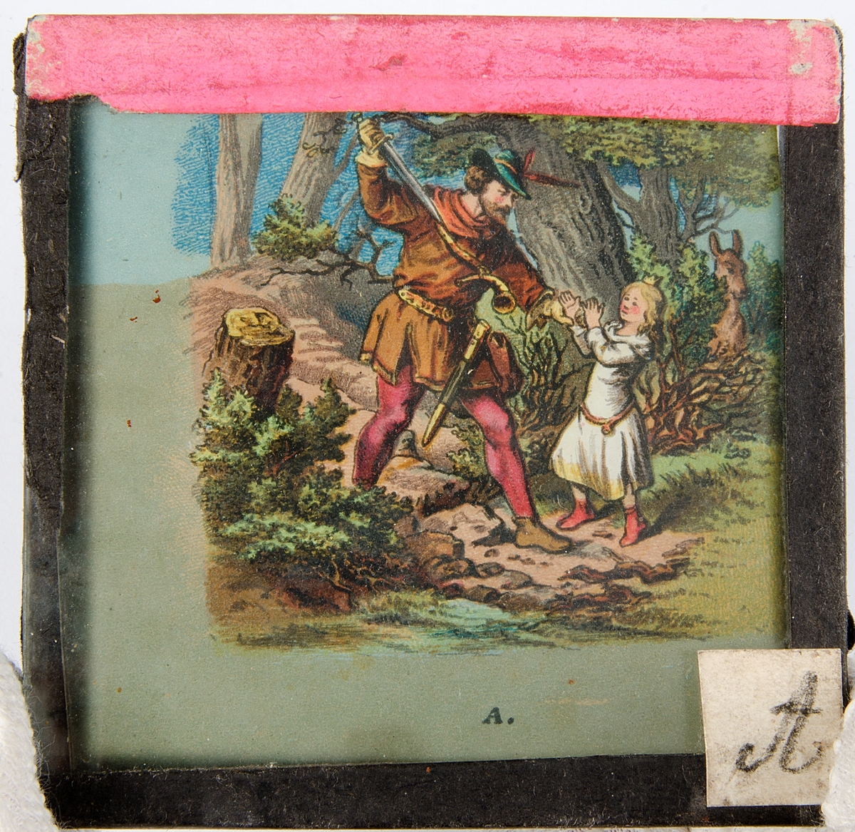 Tjugoåtta skioptikonbilder med motiv från bl.a. olika historiska händelser och sagor. Merparten i färg. Vissa skioptikonbilder, såsom avbildade personer, i sv/v. De flesta har en rosa, gul eller svart tejp som håller ihop de två glasplåtar i vilka motivet är fastsatt i. Vissa av bilderna är numrerade eller märkta med en bokstav.