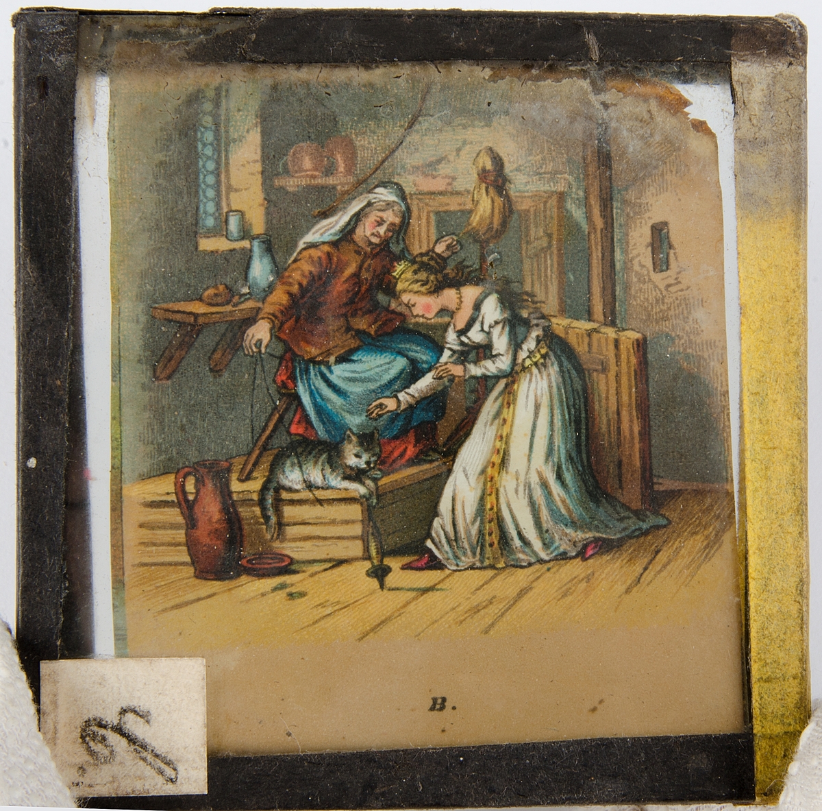 Tjugoåtta skioptikonbilder med motiv från bl.a. olika historiska händelser och sagor. Merparten i färg. Vissa skioptikonbilder, såsom avbildade personer, i sv/v. De flesta har en rosa, gul eller svart tejp som håller ihop de två glasplåtar i vilka motivet är fastsatt i. Vissa av bilderna är numrerade eller märkta med en bokstav.