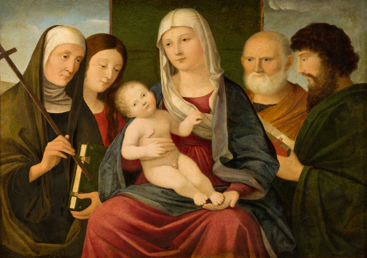 Maria med Jesusbarnet samt fyra helgon; i mitten framför en grön skärm sitter Maria, hållande Jesusbarnet; från höger till vänster, två kvinnliga helgon (S:t Clara och en okänd); till höger, två manliga helgon (Johannes Evangelista och Petrus)
