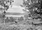 Vy över Nystadviken i sjön Vindommen i Hannäs. På näset skymtar ruinen till Hannäs gamla kyrka. I bildens förgrund ser vi den ursprungliga stugan som sedermera kom att bli statbostaden Labbet till Hägerstad skattegård i Hannäs. Enligt traditionen uppförd som snickarstuga men från 1918 tillbyggd i stugans bägga ändar vilket fick huset på bilden att bilda en mittdel i en sammansatt bostad med två lägenheter.