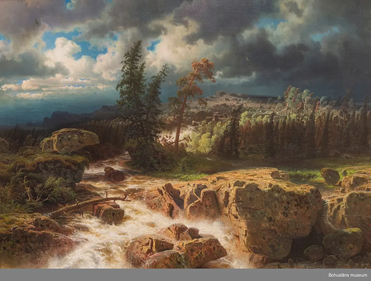 Simon Marcus Larson. Född i Sverige 1825, död 1864.
Svenskt vattenfall, 1856.
147,5 x 195,5. Olja på duk.

MONTERING/RAMNING
Tuskaftvävd, grov linneduk spikad runt spännram med raka hörn. Spännramen är förstärkt med två vertikala och en horisontell tvärslå. Två lagningar med linnelappar på dukens baksida.
Dekorerad förgylld hålkälsformad träram.
Ramens hörn är förstärkta med triangulära, fastskruvade trästycken. Senare förstärkning av ramens övre del med bräda fastsatt med fyra järnband.

UPPGIFTER PÅ BAKSIDAN
På spännramen stämplade sifferuppgifter: "3701", "6129". Två fastklistrade papperslappar med maskinskriven text: "13862".
"Lars (?) 31 - 80" antecknat med vit krita.
På ramen sifferanteckningar: "470" med svart stämpel , "148" med vit krita, "No 470" , "19 1/2 x 12 3/2"
Gul etikett med texten "Gävle till Uddevalla".
Siffran "97" skrivet stort med blågrön krita.
Vidhängande vävburen pappersetikett med tryckt text "Uddevalla " samt handskrivet "N:r 1".

Övrig historik se JJ01.