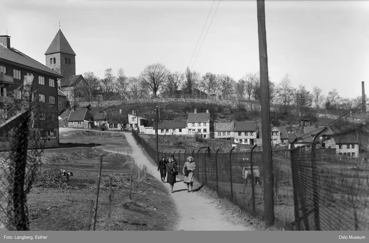 sti, Kjærlighetsstien, mennesker, nettinggjerde, parsellhager, trehusbebyggelse, Gamle Aker kirke