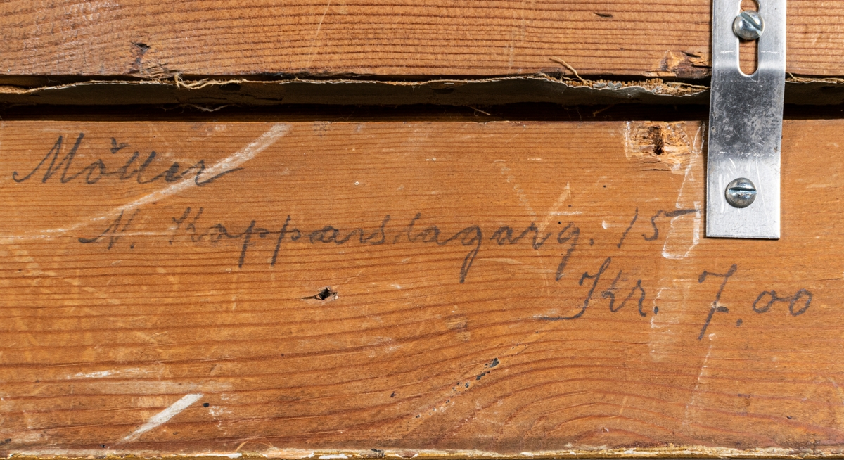 Skonaren Hoppet, oljemålning, osignerad och odaterad.
Skonaren ses i två versioner. Till vänser i stort format från styrbord sida. Till höger i något mindre format akterifrån. Målningen är något skadad i mittpartiet där ett färgflak på ca 1cm fallit bort genom krackelering.
Ägare och skeppare T.H Öhman, bosatt på Islandet.