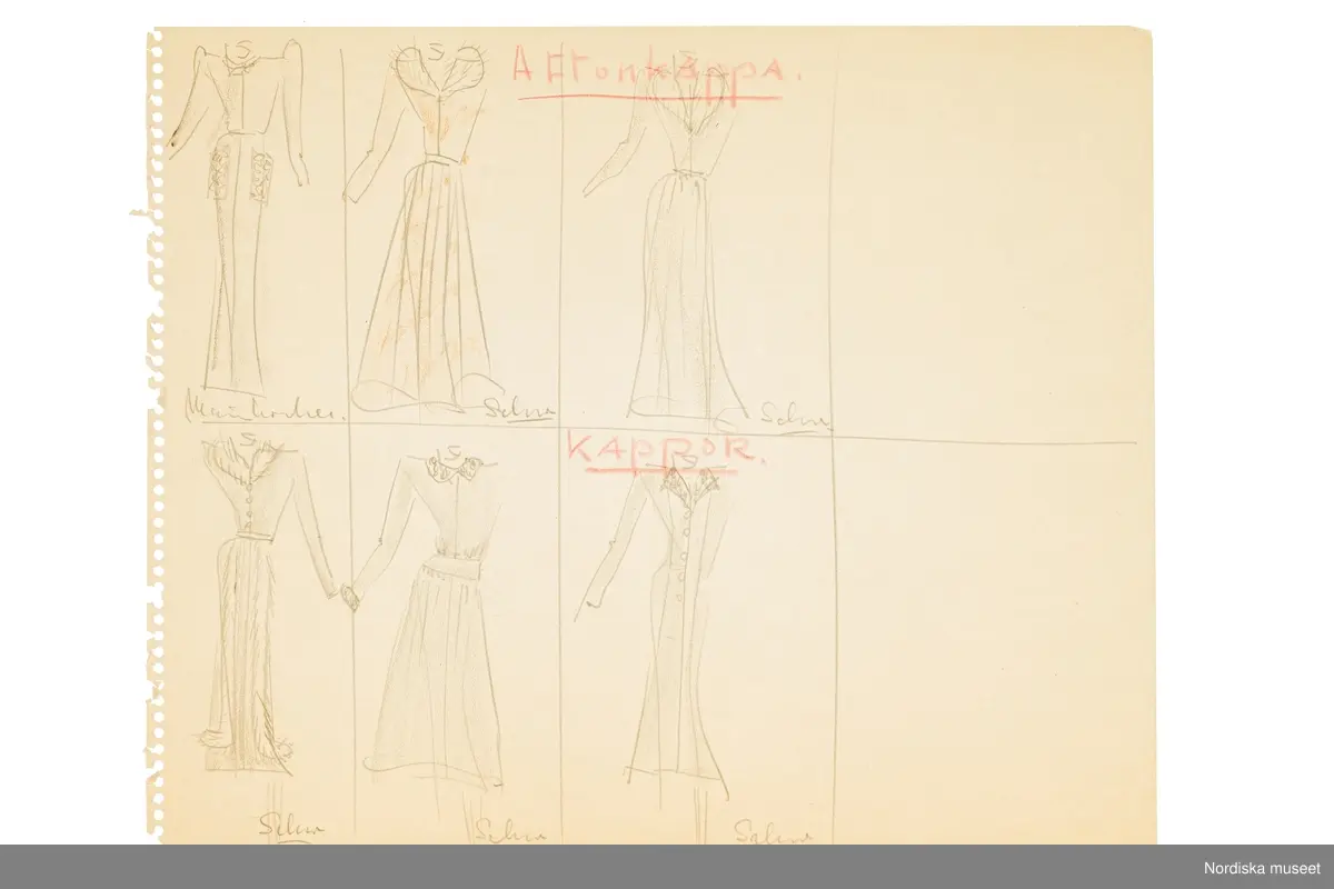 Modeskisser utförda av Pelle Lundgren (1896-1974) kreatör, från 1923 förste försäljare och senare ateljéchef på NK:s Franska damskrädderi. Från 1965 till stängningen av verksamheten 1966 var han disponent. Pelle Lundgrens minnesskisser från de kända modehusen i Paris är tecknade efter visningarna, i ritblocket eller på det som fanns till hands – som hotellets brevpapper. De snabba skisserna inspirerade ateljéns egna modeller. Här ses teckningar utförda hösten 1939 med plagg från exempelvis Rochas, Molyneux, Paquin, Jaeger, Rouff, Mainbocher, Vionnet, Lanvin, Stiebel och Balenciaga.