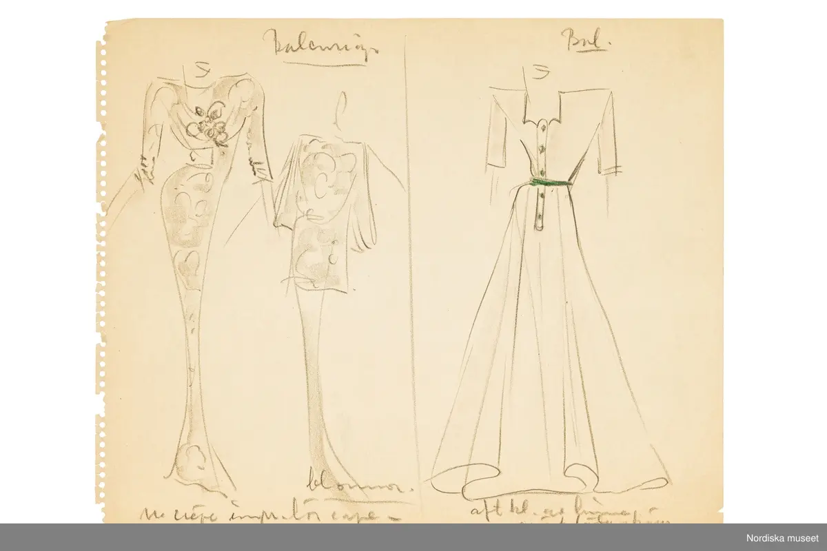 Modeskisser utförda av Pelle Lundgren (1896-1974) kreatör, från 1923 förste försäljare och senare ateljéchef på NK:s Franska damskrädderi. Från 1965 till stängningen av verksamheten 1966 var han disponent. Pelle Lundgrens minnesskisser från de kända modehusen i Paris är tecknade efter visningarna, i ritblocket eller på det som fanns till hands – som hotellets brevpapper. De snabba skisserna inspirerade ateljéns egna modeller. Här ses teckningar utförda hösten 1939 med plagg från exempelvis Rochas, Molyneux, Paquin, Jaeger, Rouff, Mainbocher, Vionnet, Lanvin, Stiebel och Balenciaga.