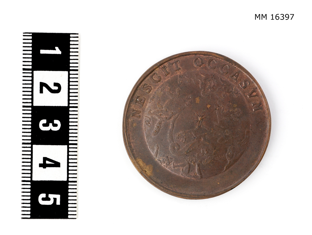 Cylindrisk medalj av brons. Åtsida: CAROLVS REX SVECIAE. Bröstbilden, höger sida, lagerkransad, i mantelveck, halsen bar. Frånsida: NESCIT. OCCASVM. Nordstjärnan klart strålande mellan stora och lilla Björn med flera stjärnbilder på himmelsgloben.