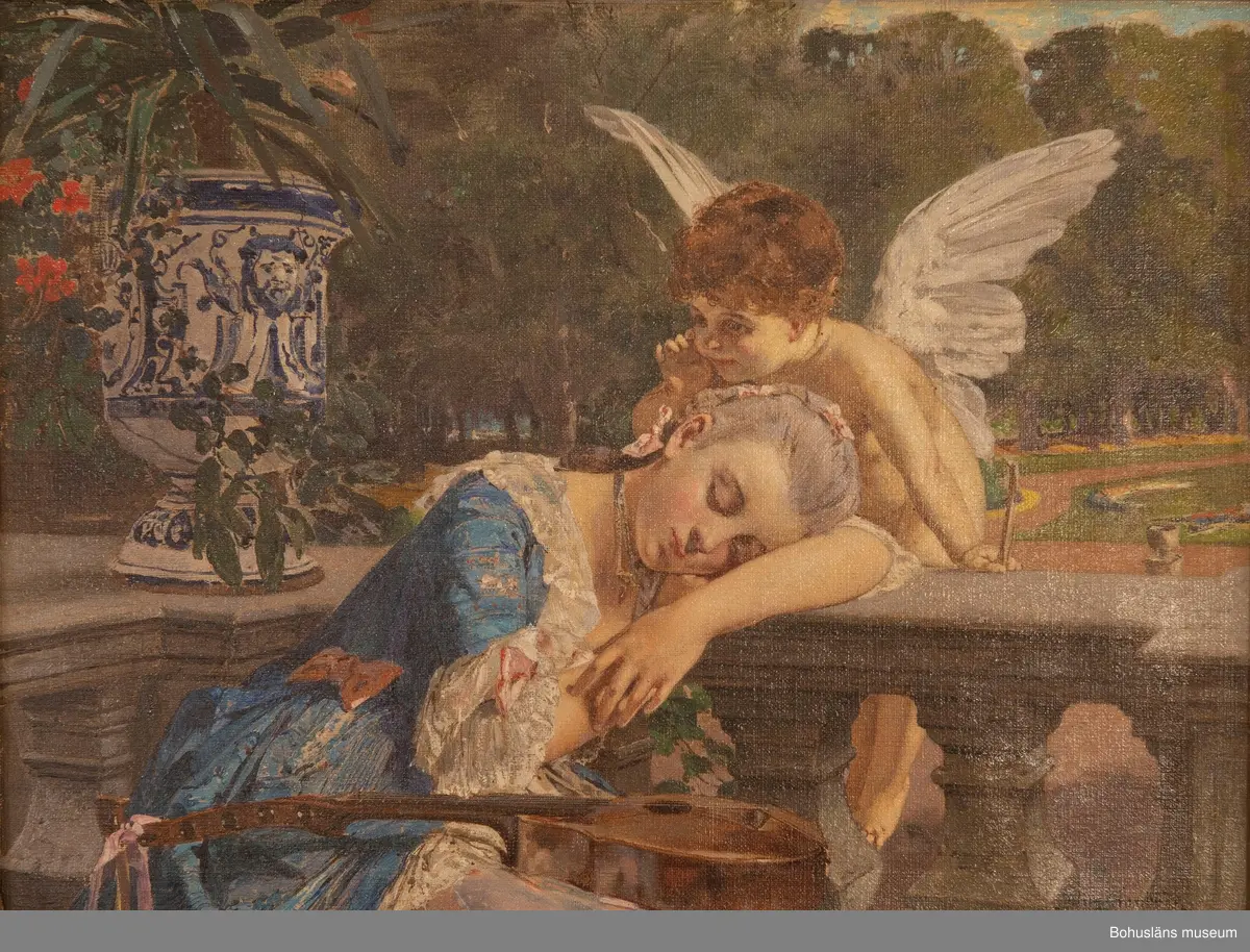 Julius Kronberg. Född i Sverige 1850, död 1921. 
Drömmen, 1883. 33 x 43. Olja på duk.

MONTERING/RAMNING
Relativt tunn, tuskaftvävd linneduk spikad runt kilram med räta vinklar. Tillskurna vinkorkar som distanser mot inre delen av ramen.
Kraftig fururam med hopsatta bitar i 90 grader, fasade kanter utåt.
Rikt dekorerad förgylld träram.

UPPGIFTER PÅ BAKSIDAN
Skadad förtryckt pappersetikett fastlimmad på ramen, där tryckta ordet "Konsthall" och "Adress" går att läsa. På denna svårlästa handskrivna uppgifter: "...sson Göteborg", (eventuellt "James Dicksson Göteborg").
På nedre delen av ramen handskrivet med blyerts "Kulle".

Övrig historik se JJ01