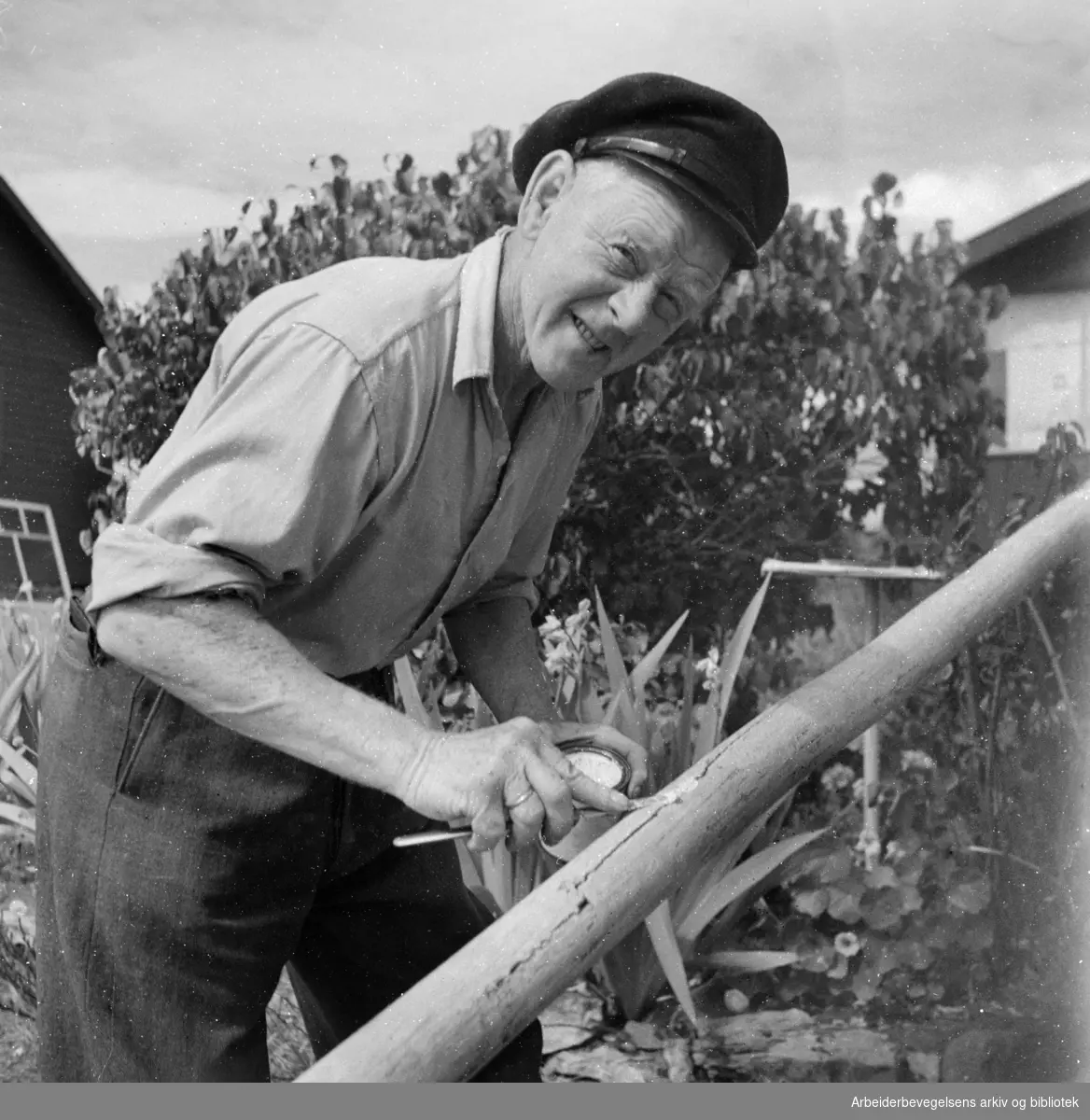 Oslofjorden: Lindøya. Hytteeier Johan Jensen reparerer flaggstanga. Juli 1949