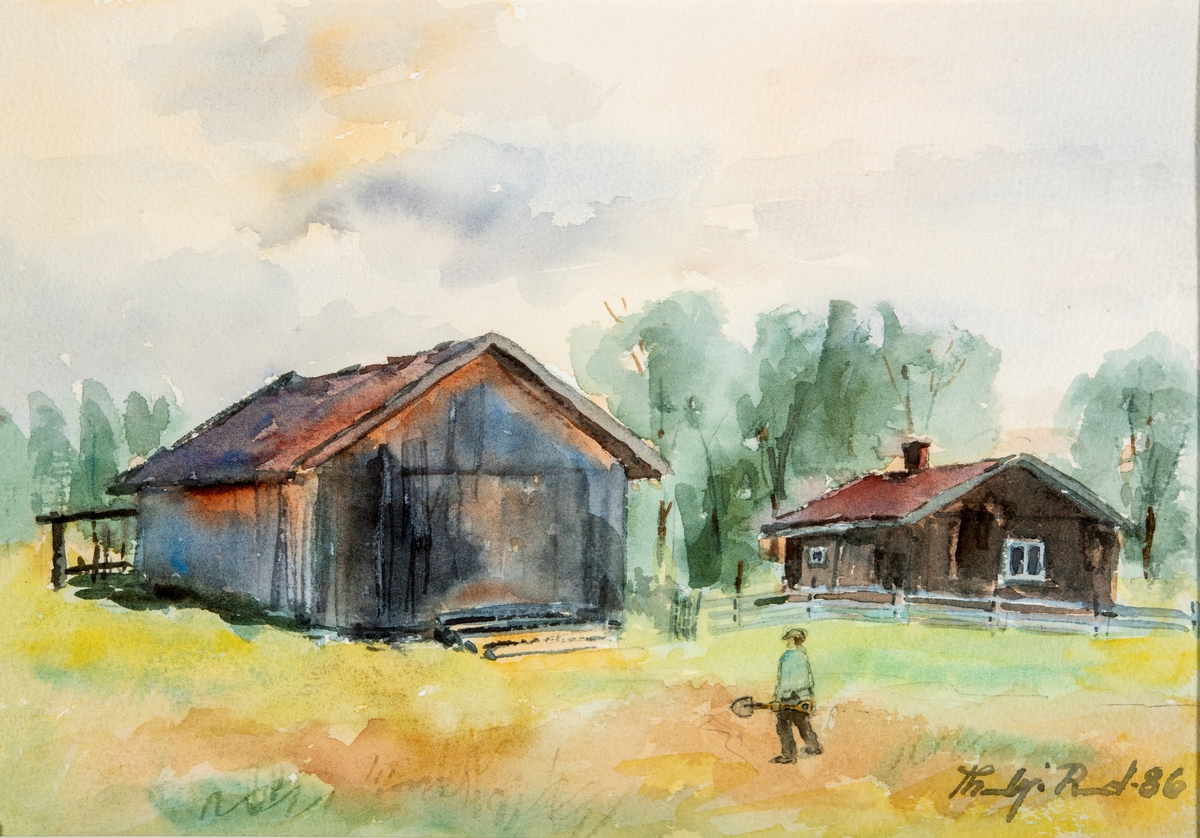 Maleri, akvarell malt av Thorbjørn Ruud (f: 01.04.1920. - d: 30.07.1993. ) 
Husmannsplassen, plassen Sagbakken, under Staur gård i Stange.