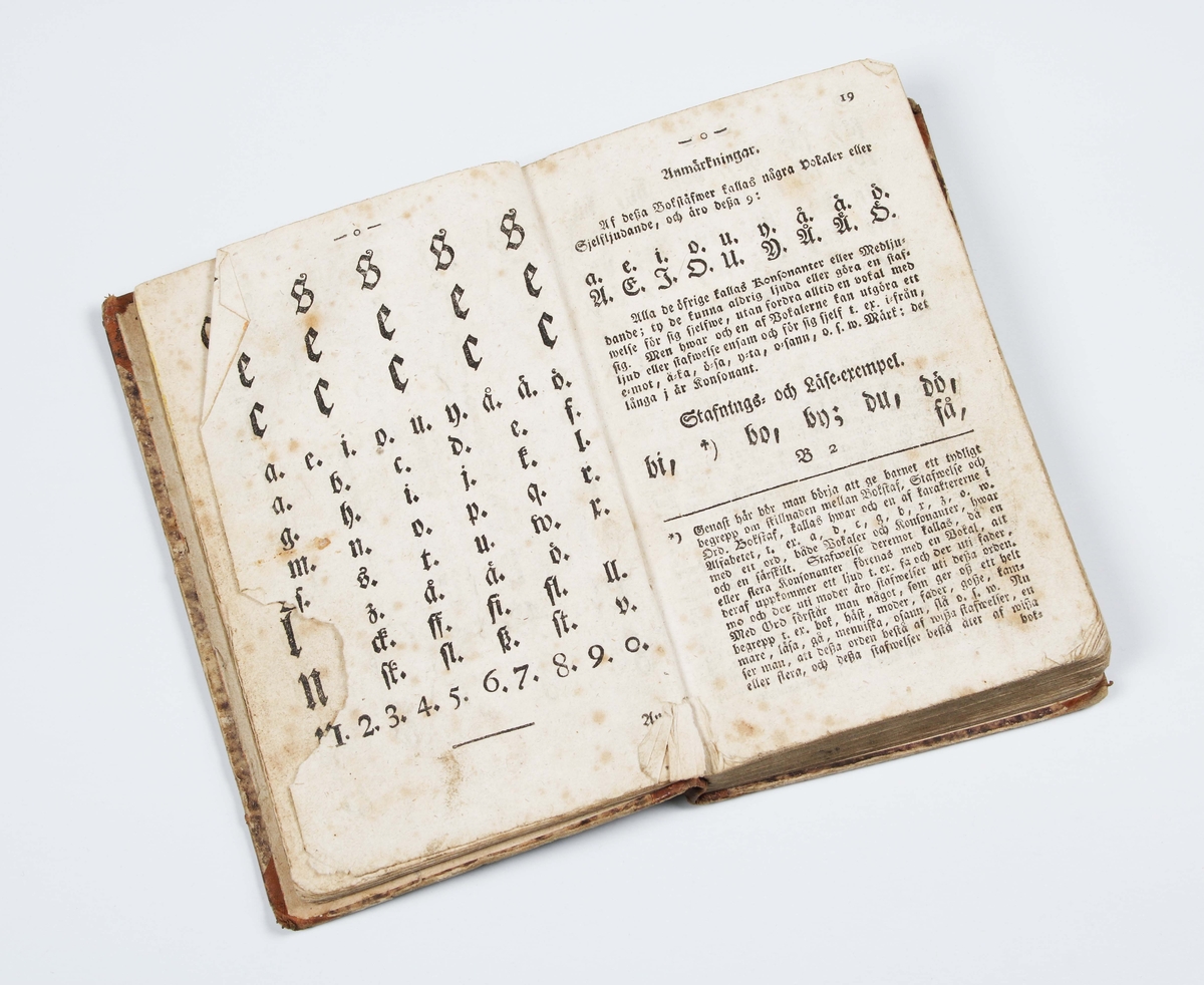 ABC-Bok. Lärobok för barn, som användes för hemmabruk. Författad av Joh. Gustaf Eckerberg. Bunden och tryckt, hos Gam. Norberg i Götheborg 1825. Innehåller: Stavning- renläsning- skrivlära, multiplikationstafla, räkneövningar, metallära m.m. Insidan märkt: ABC-Bok för Fäderneslandets Barn........Bruks- och åldersslitage.
