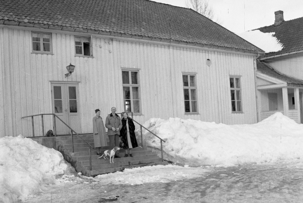 Stort hus. Forsamlingshus? To kvinner, en mann og hund på trappen. 